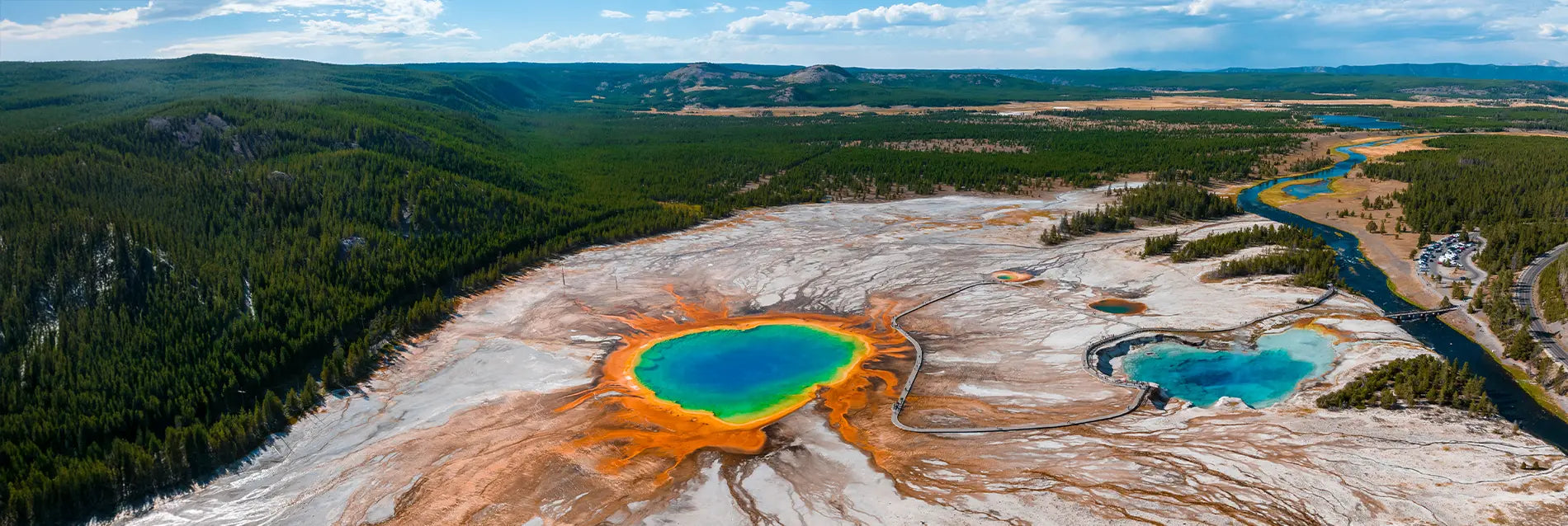 Aerial view of Grand Prismatic Spring in Midway Geyser Basin, Yellowstone National Park, Wyoming, USA. It is the largest hot spring in the United States