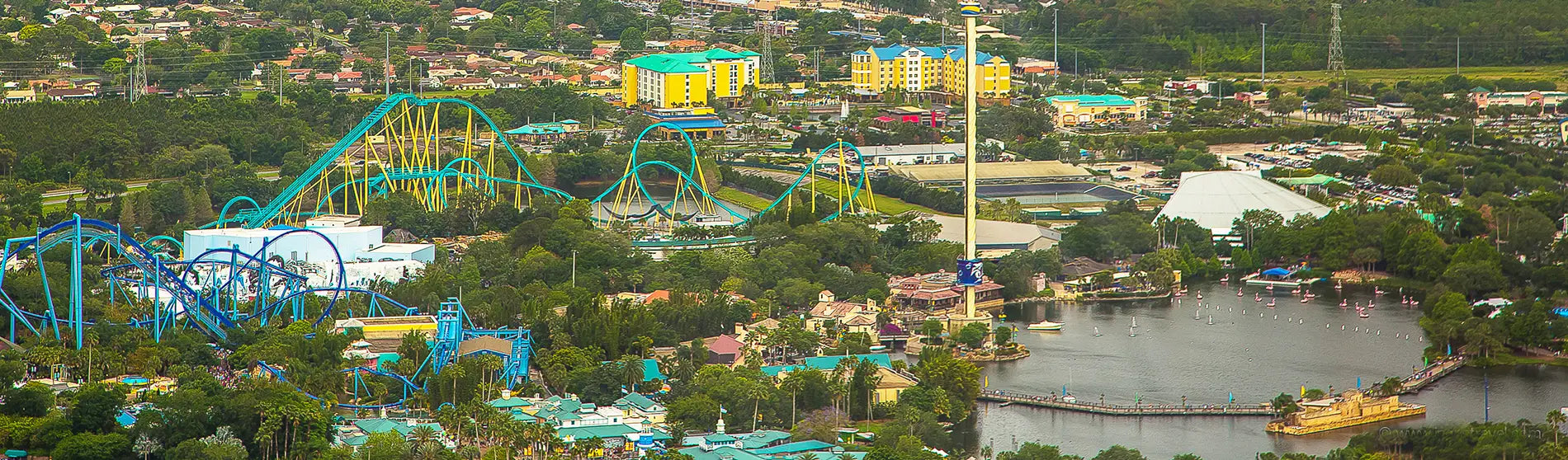 Beautiful aerial city view of Orlando taken from helicopter. Panoramic photo of skyline with buildings, roads and parks. Green space