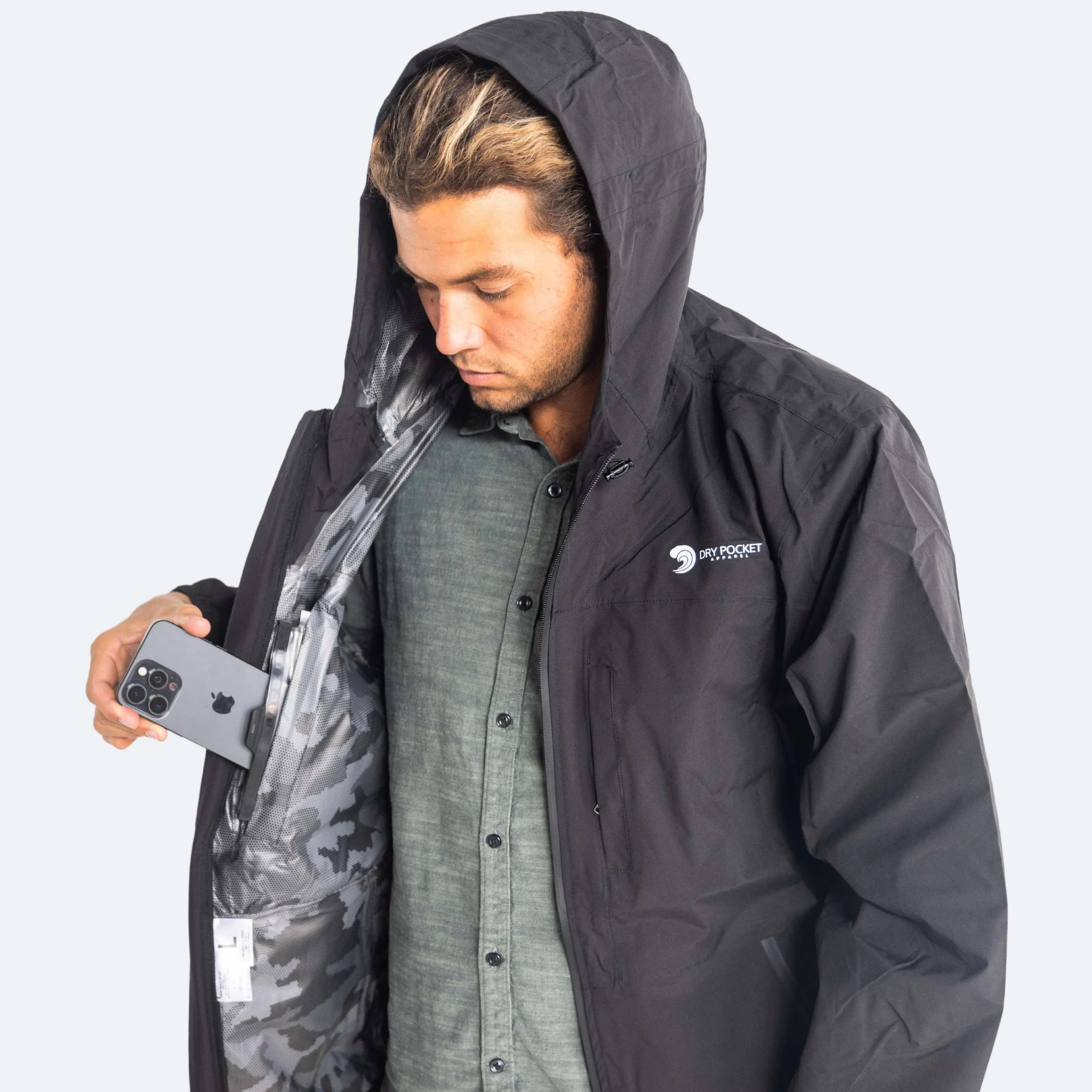 Black Fin Waterproof Pocket Rain Jacket