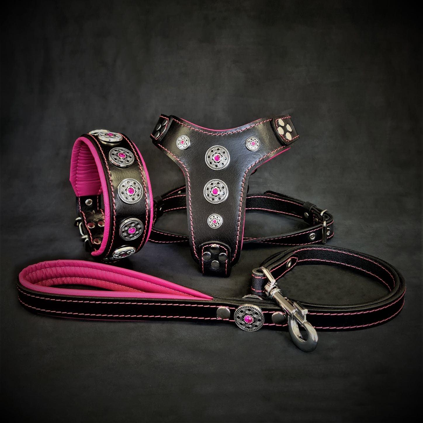 The "Bijou" Dog SET - Collar - Harness - Leash. Pink