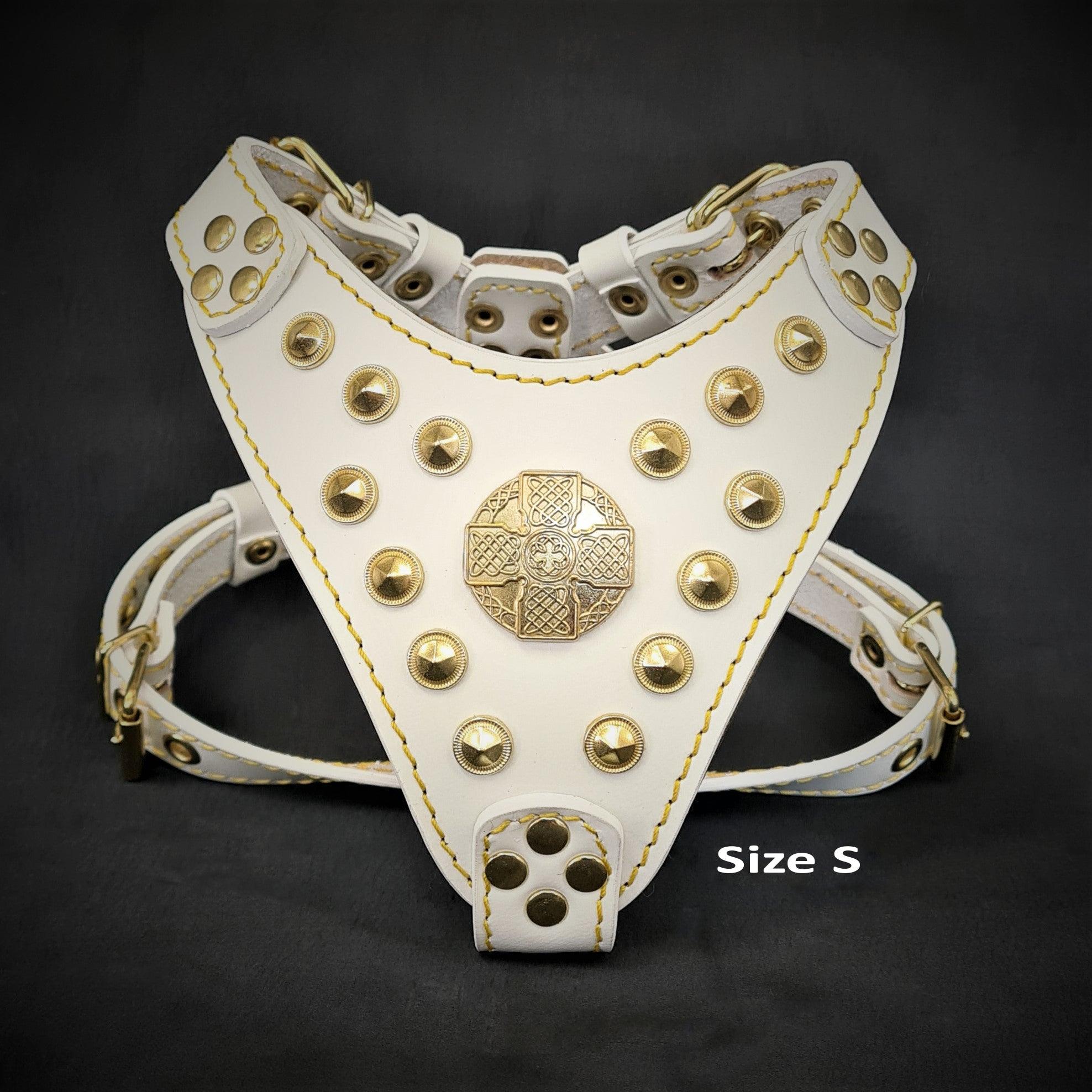 The "Maximus" Dog Harness for Small to Medium Breeds. White & Gold