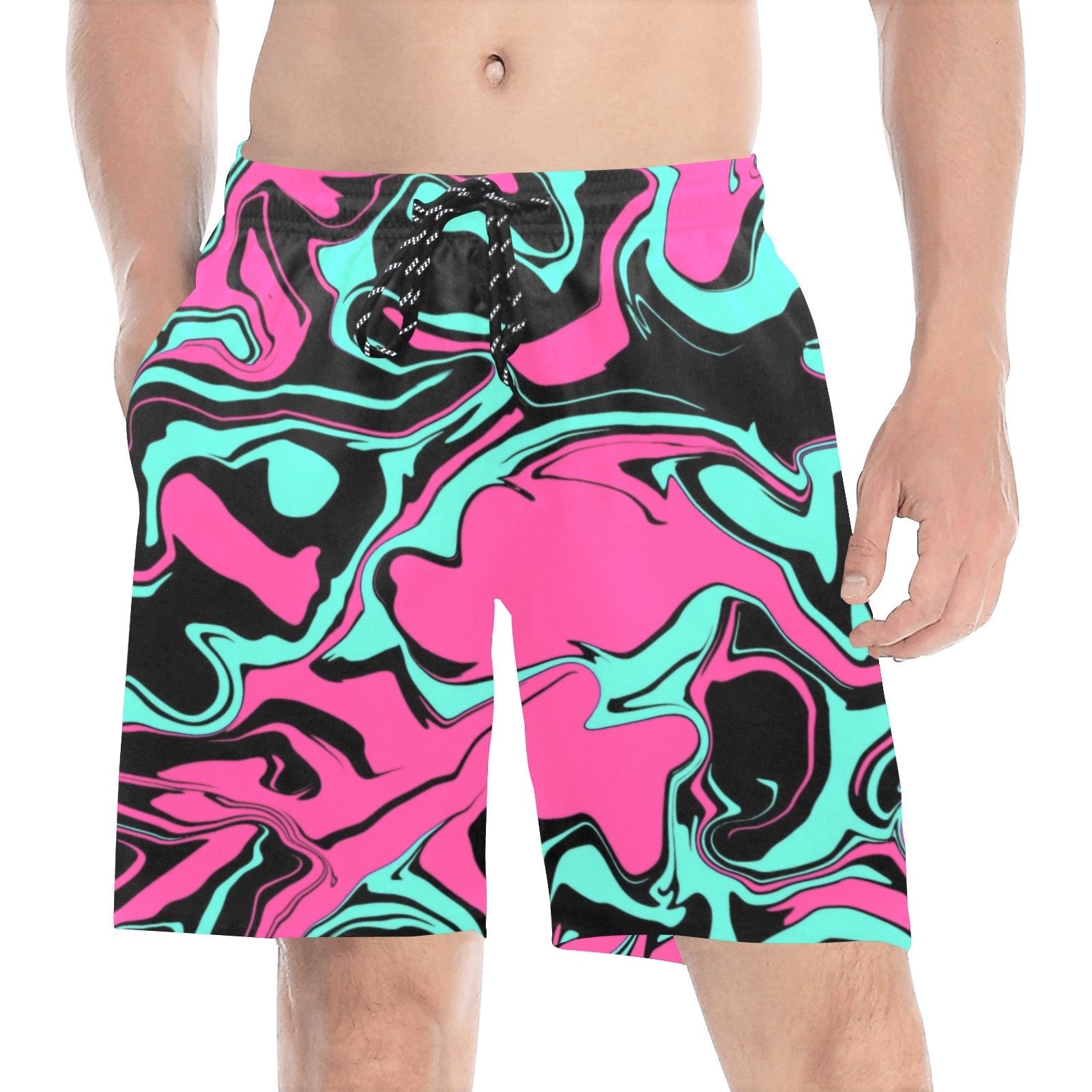 Pink Turquoise and Black Abstract Melt Swim Shorts