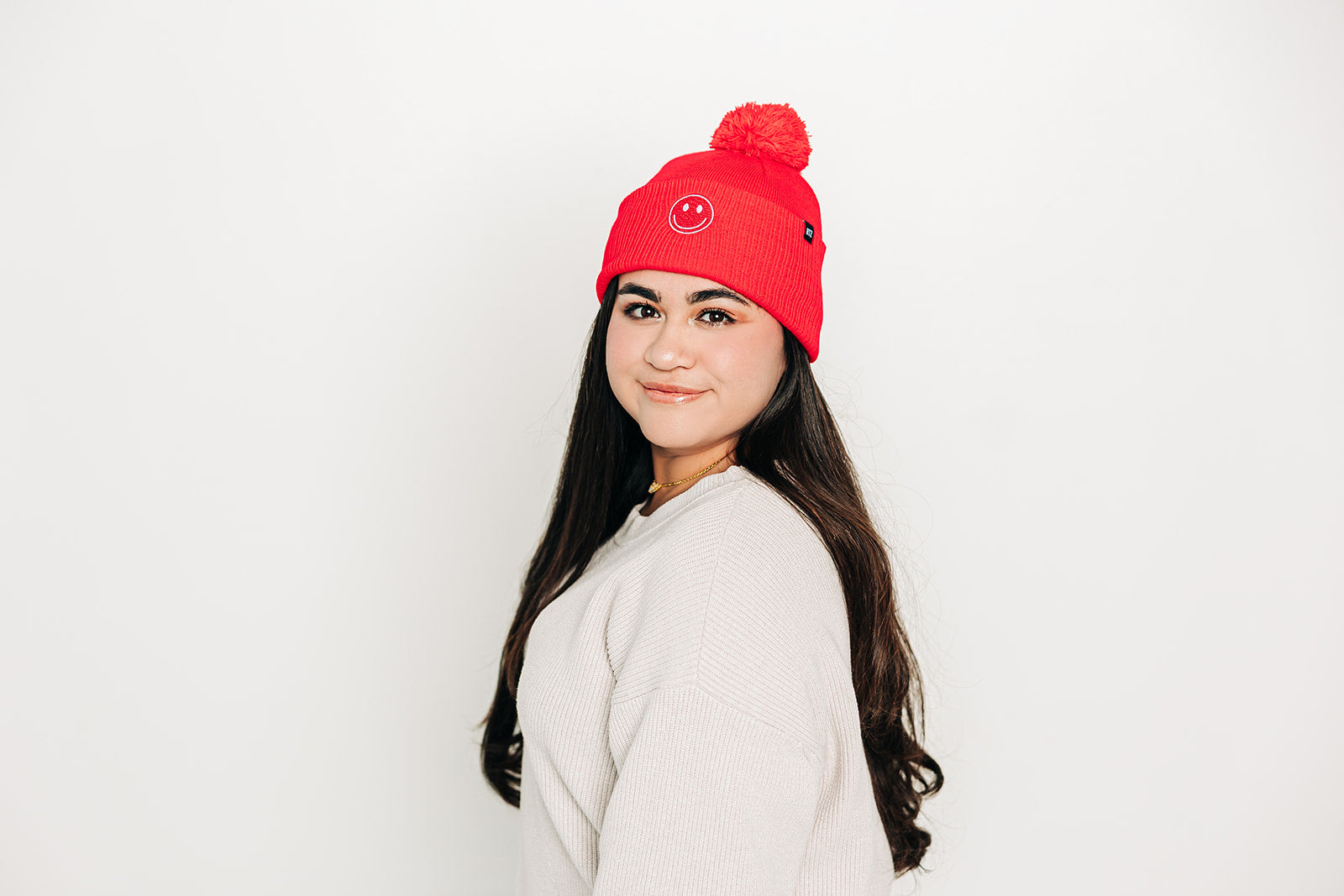 Smiley Pom Pom Beanie Hat