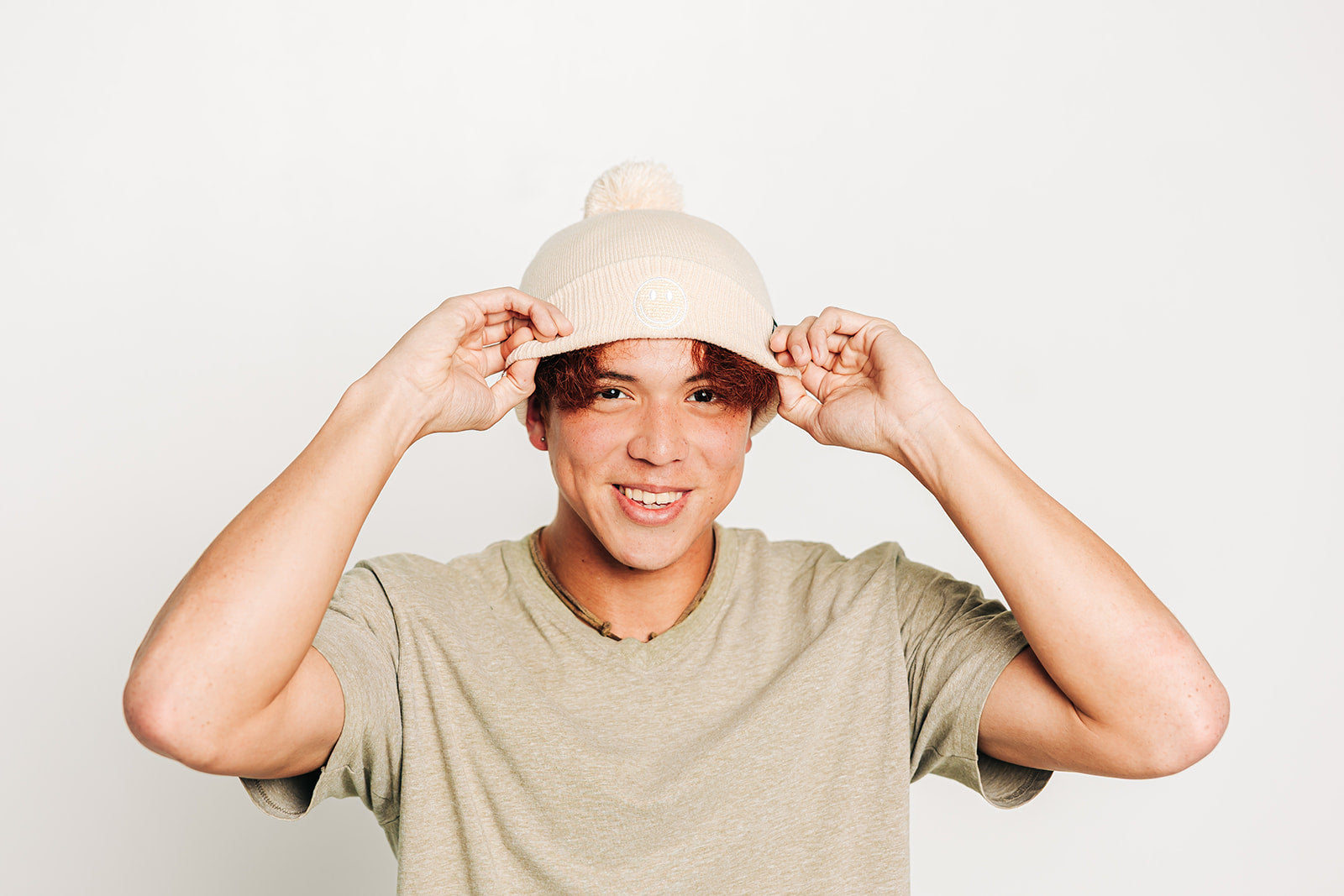 Smiley Pom Pom Beanie Hat