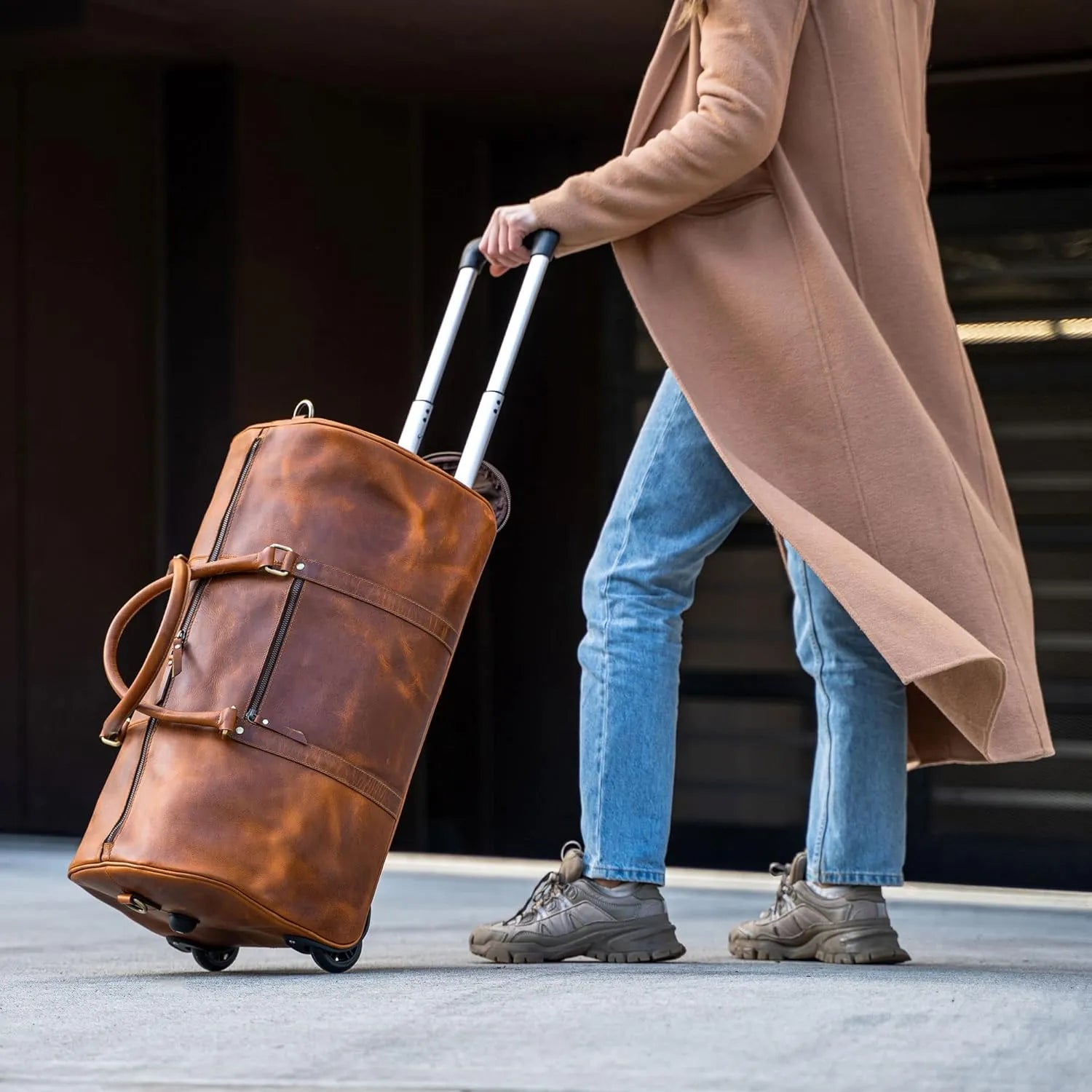 Tan Leather Trolley Duffel Bag 44L