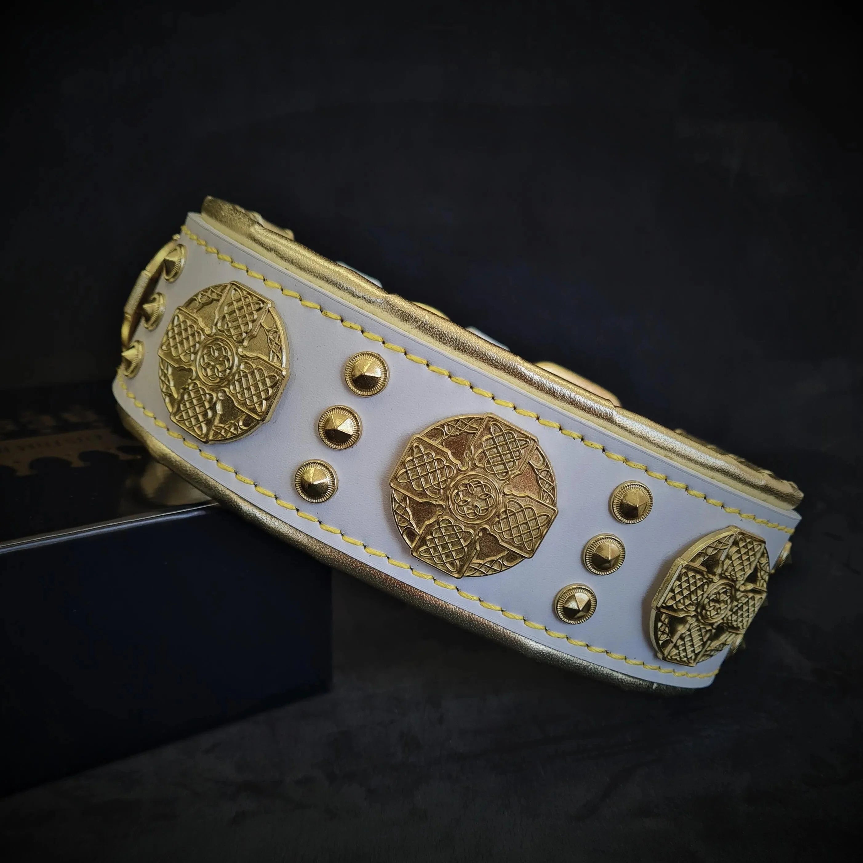 The "Maximus" Dog Collar 2.5-inch Wide. White & Gold