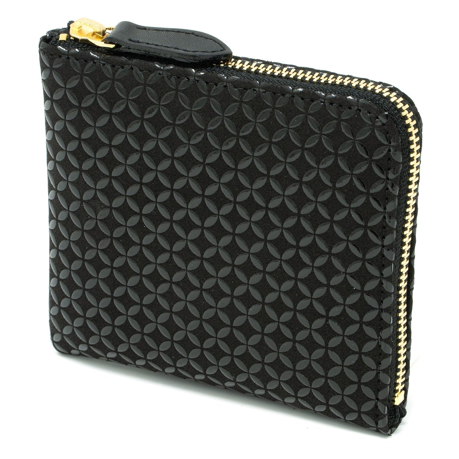 Black textured zippered pouch on a white background