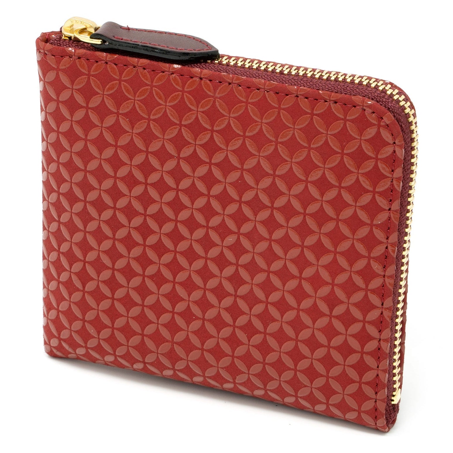 Red patterned zippered pouch on a white background