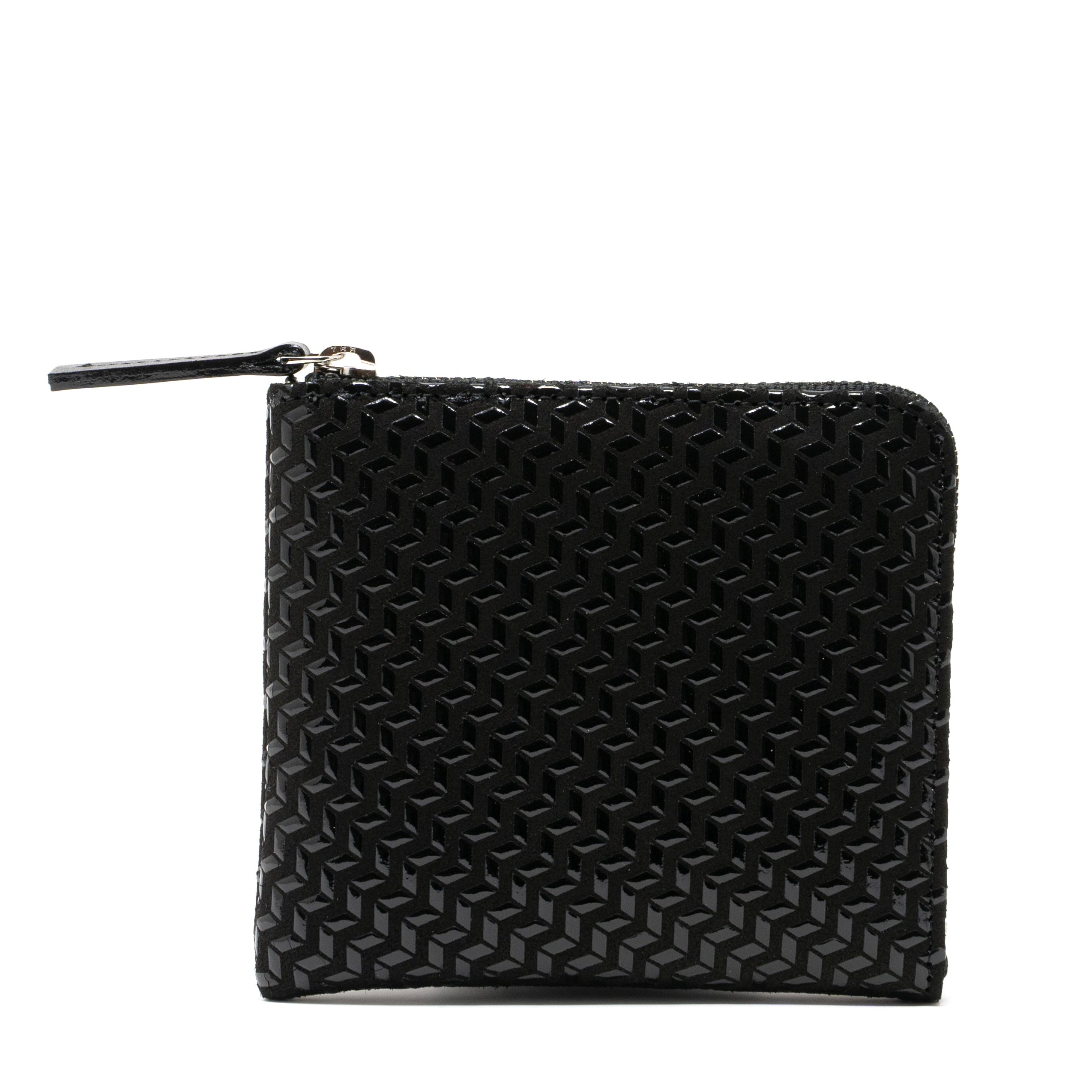 Black woven patterned pouch on a white background