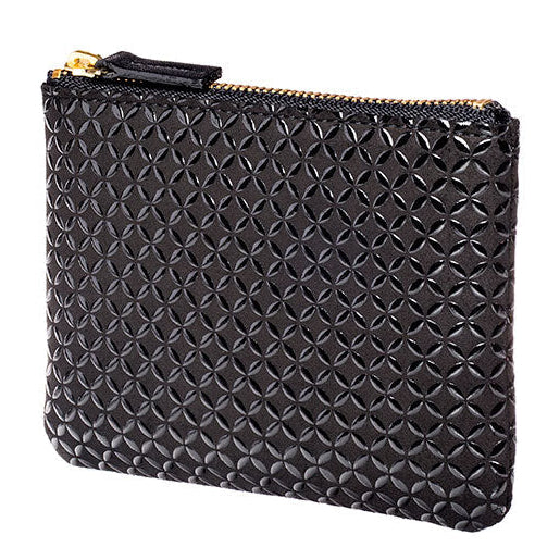 Black textured wallet with a gold zipper on a white background