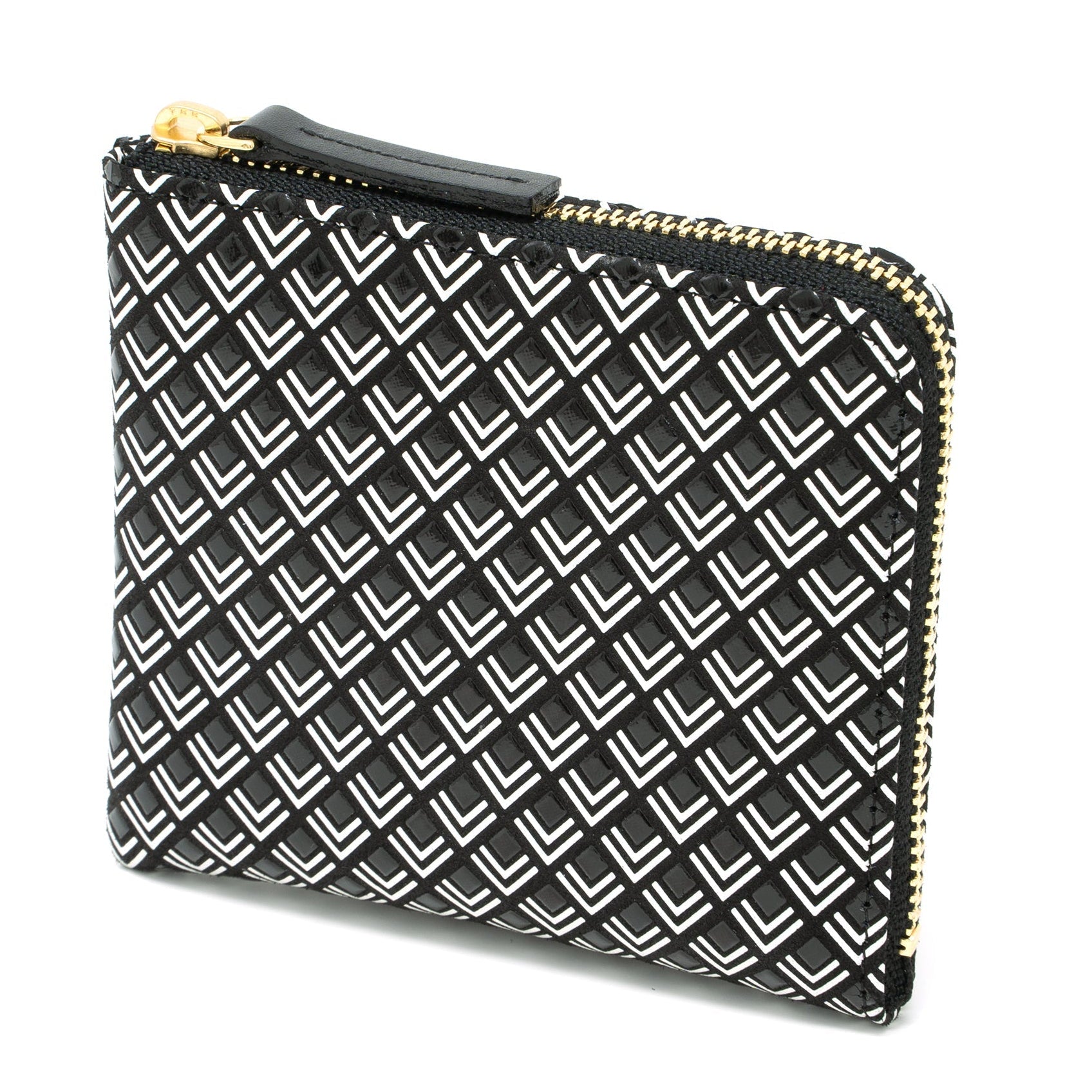 Black and white patterned pouch with gold zipper on a white background
