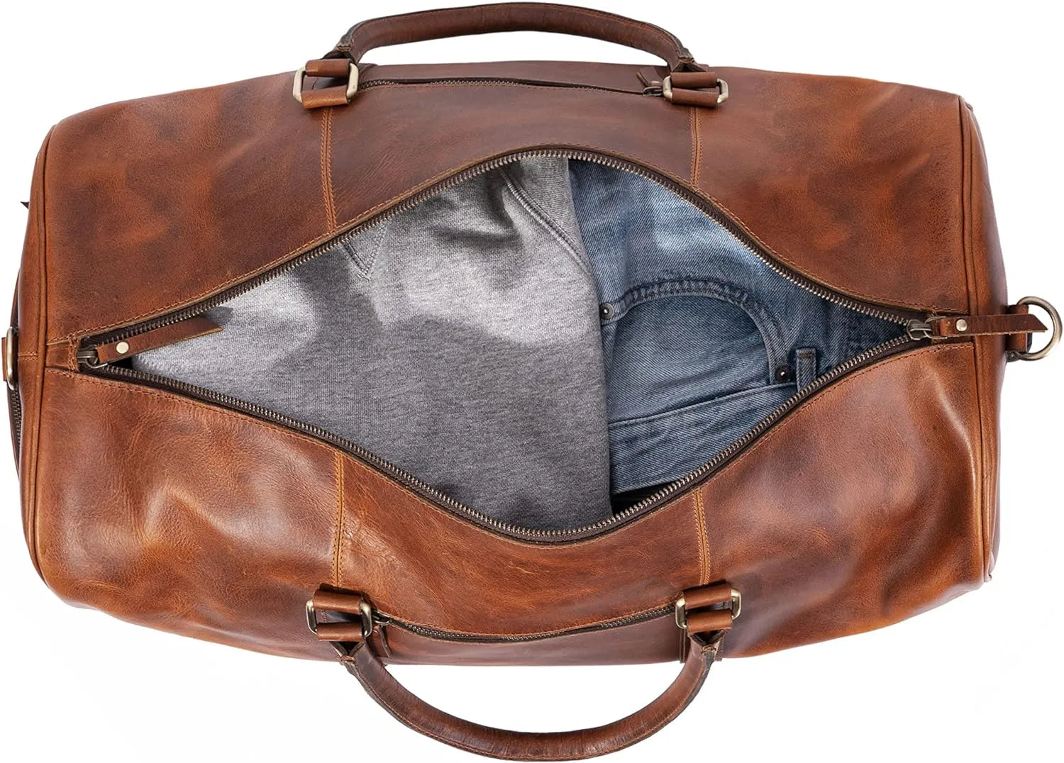 Tan Leather Trolley Duffel Bag 44L