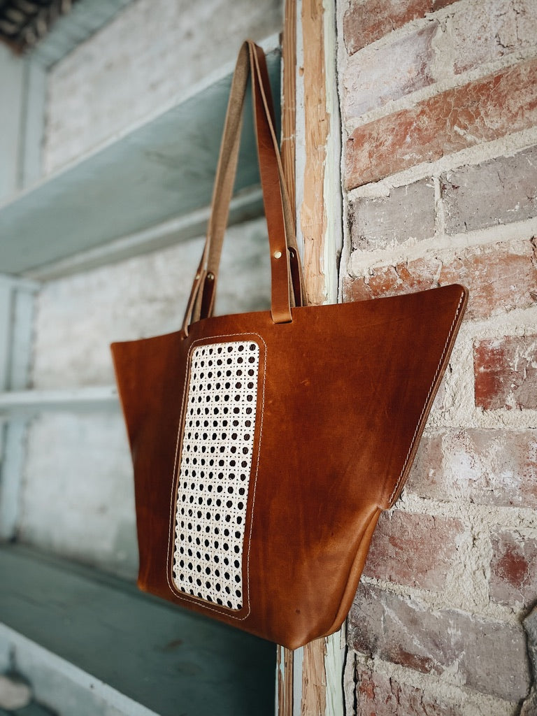 Riviera Tote Bag – Handcrafted Leather & Cane Weave Tote