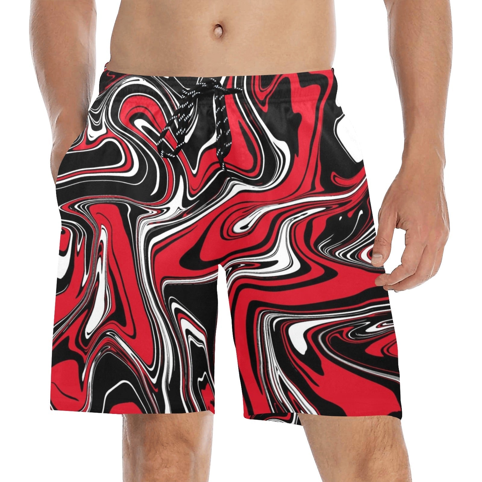 Red Black and White Rave Spill Swim Shorts