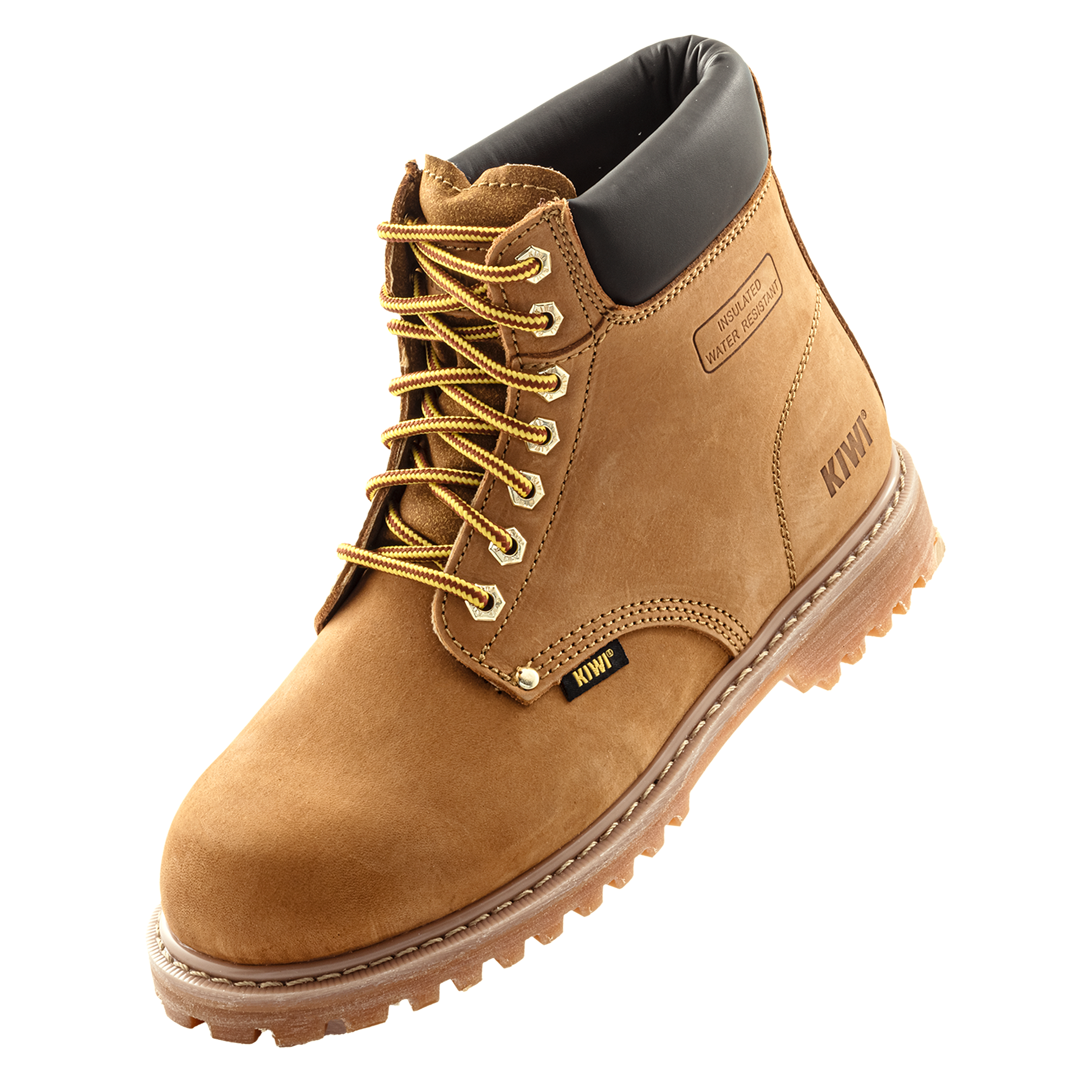 Brown boot with yellow laces on a white background