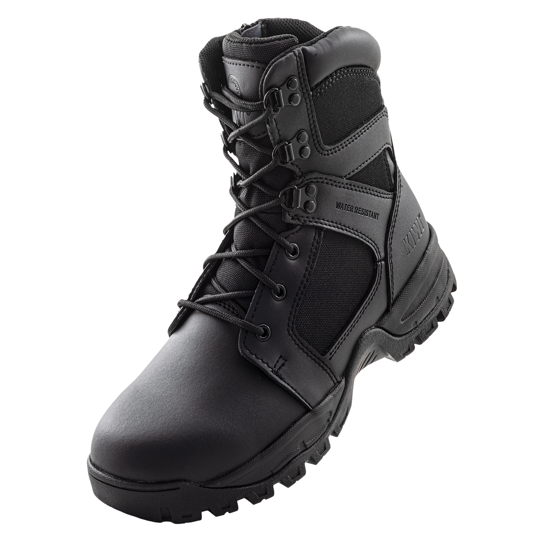 Black tactical boot on a white background