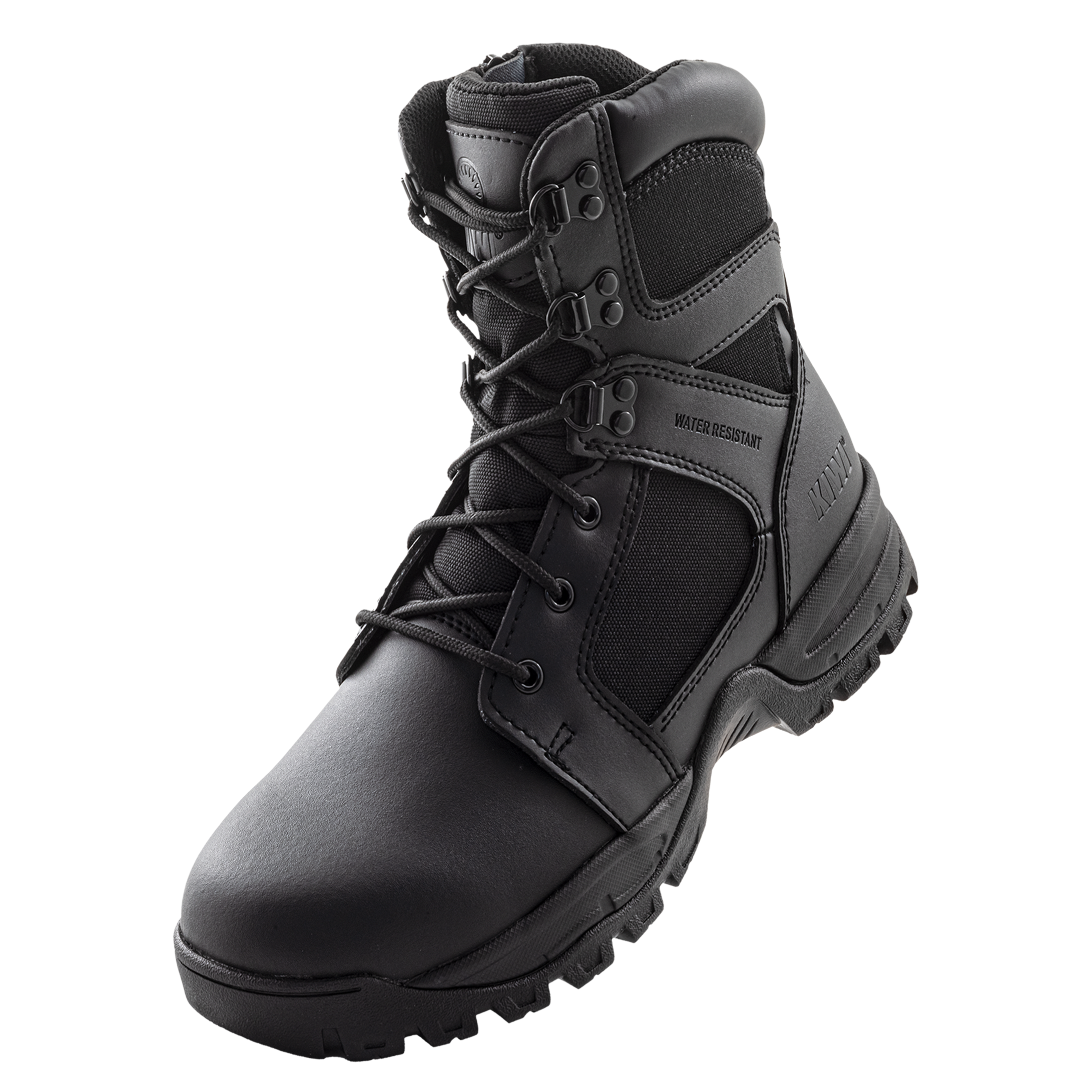 Black tactical boot on a white background