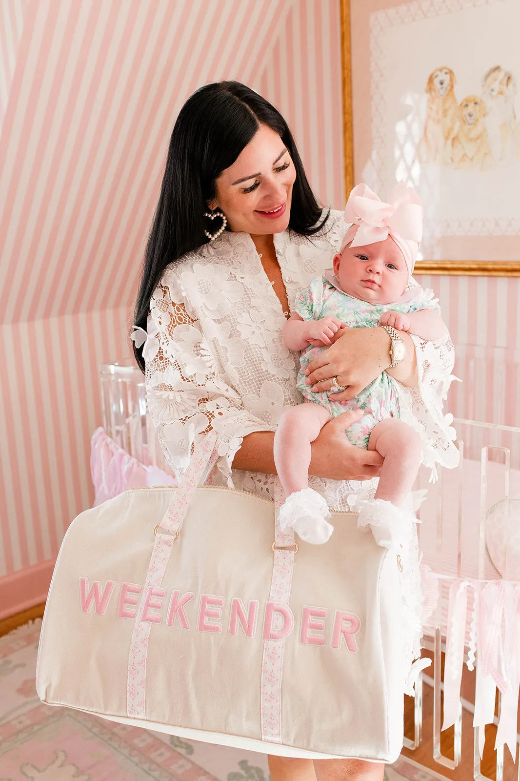 Weekender Oversized Canvas Duffel Bag - Pink Toile