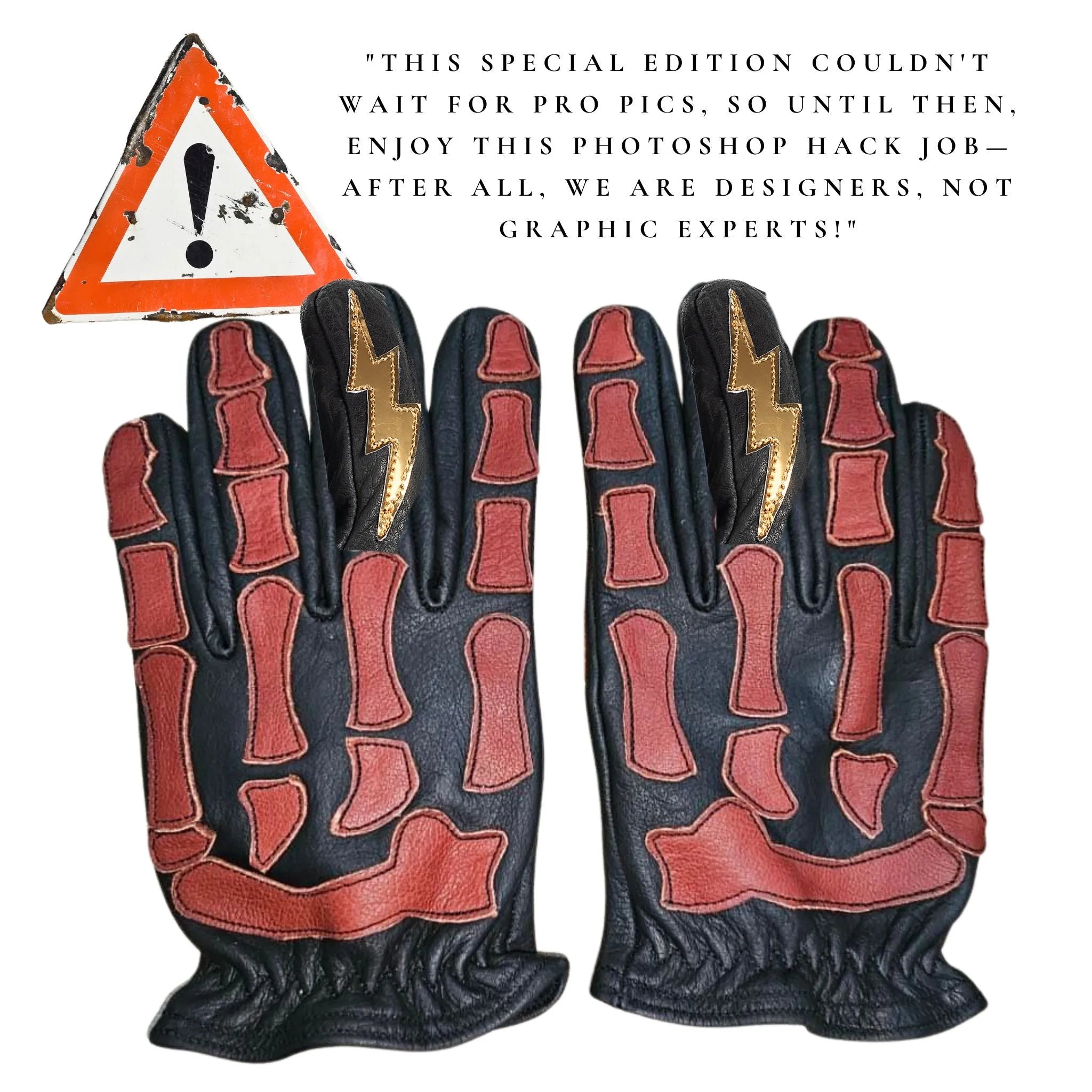 AstrapĂ (Lightning) Skeleton Leather Motorcycle Glove - Black-RED