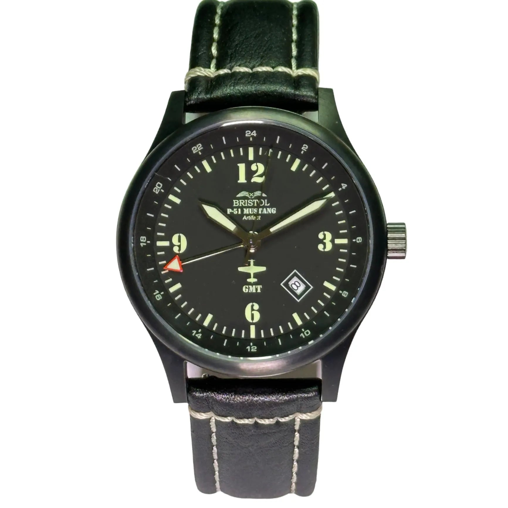 P-51 Mustang Tribute Men's Watch - Stainless Steel, Black Finish, Black Leather Band