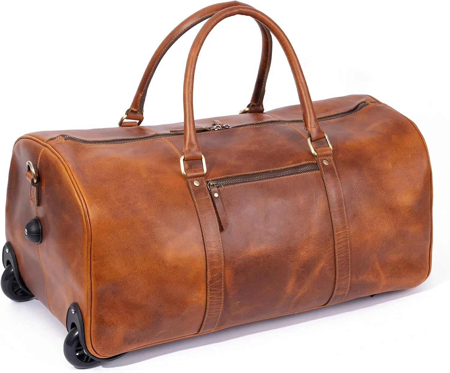 Tan Leather Trolley Duffel Bag 44L