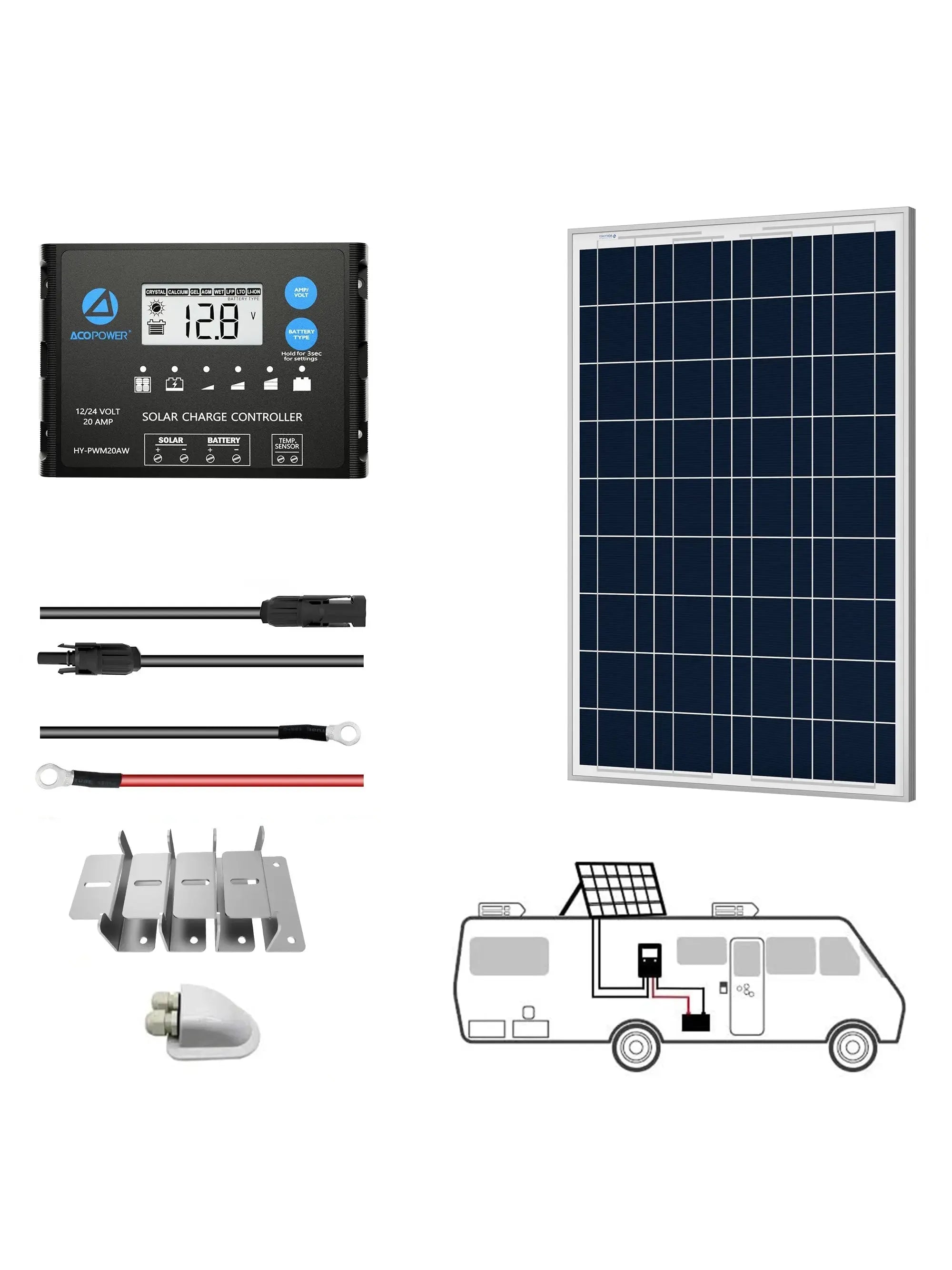 ACOPOWER 12V Polycrystalline Solar RV Kits + MPPT / PWM Charge Controller