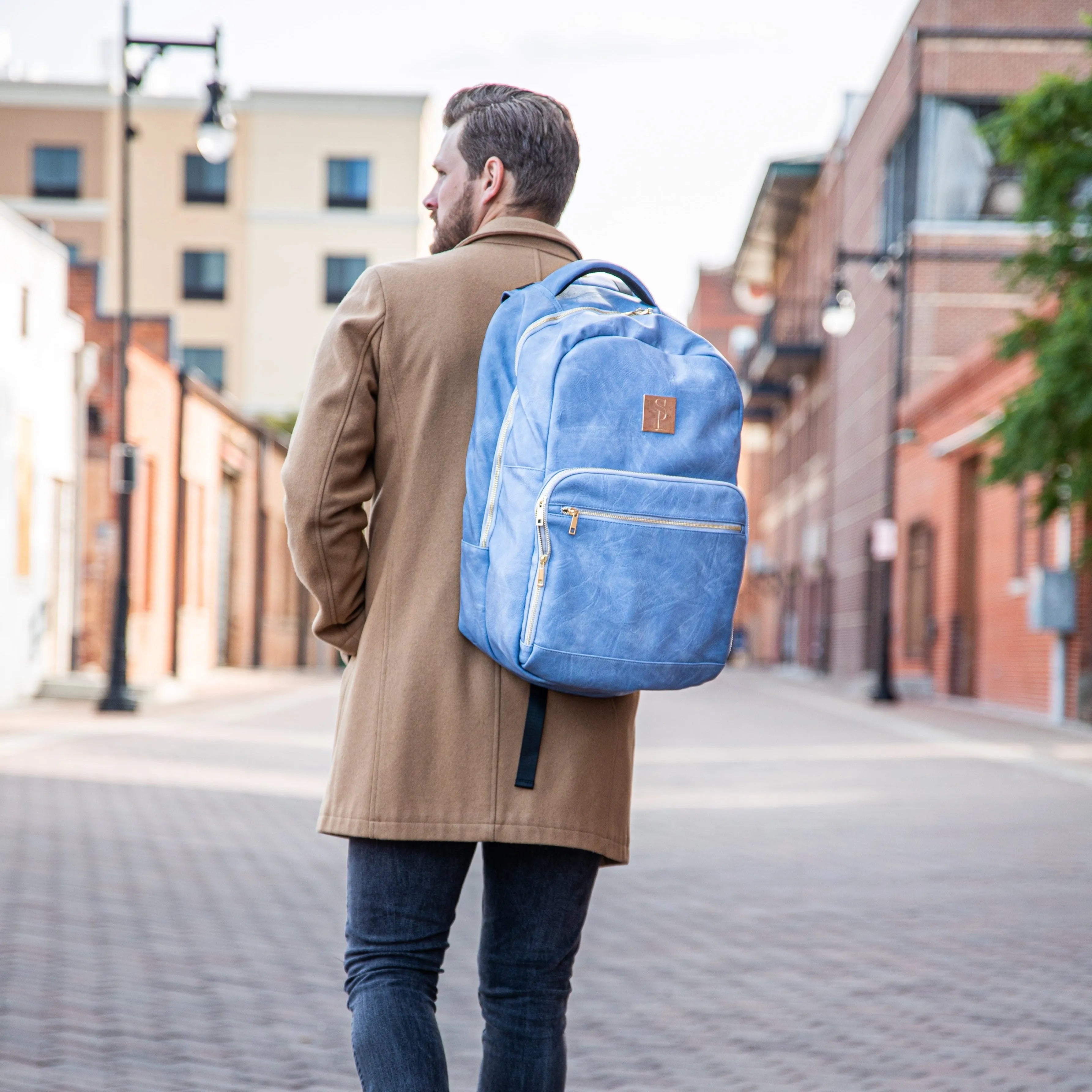 Baby Blue Backpack Tumbled Leather Commuter Bag
