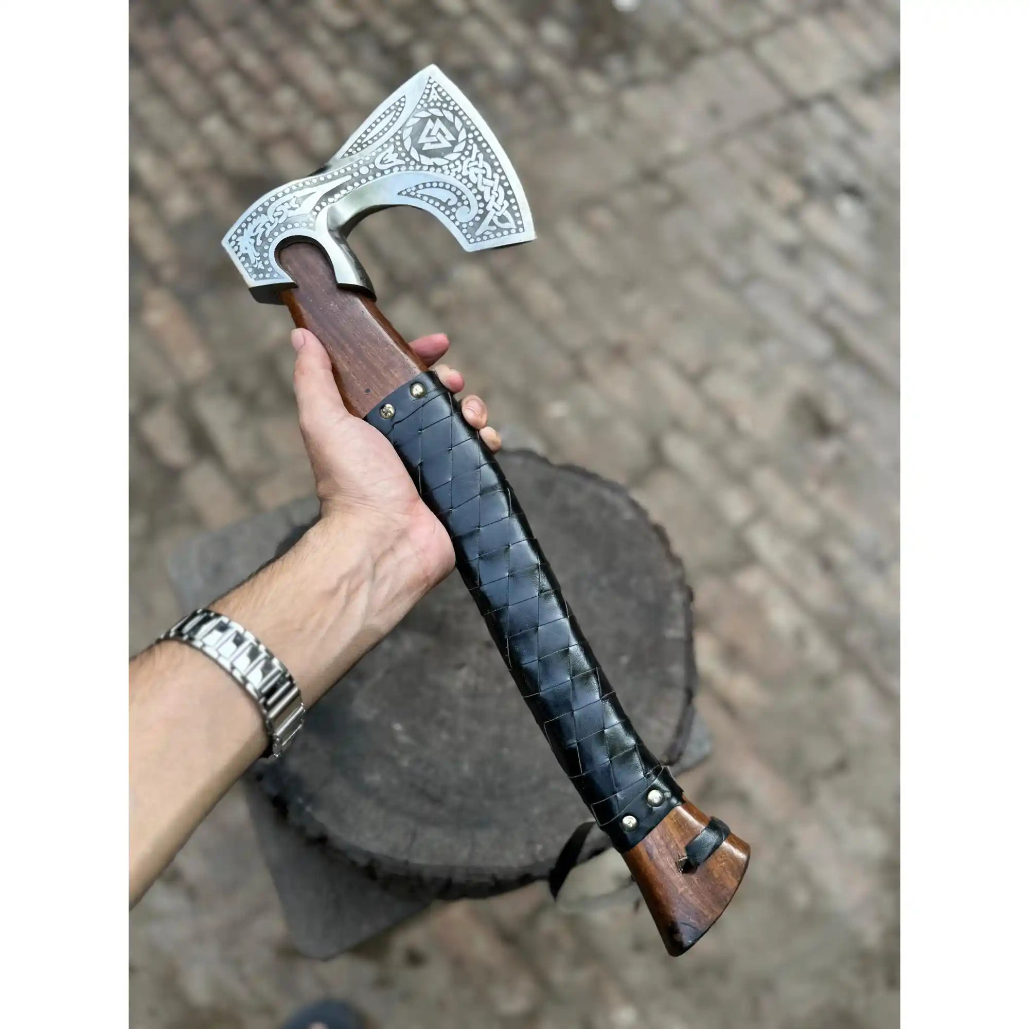 Viking Axe with Leather Wrapped Handle & Engraved Head – JW SteelCrafts