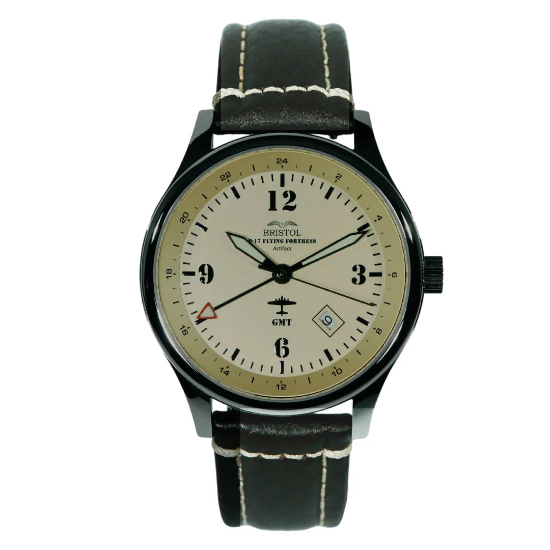 B-17 Tribute Men's Watch - Polished Finish, Beige Dial, Stainless Steel, Brown Leather Band with Stitching