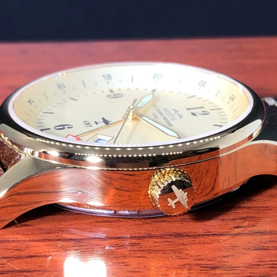 B-17 Tribute Men's Watch - Gold Finish, Beige Dial, Stainless Steel, Brown Leather Band with Stitching