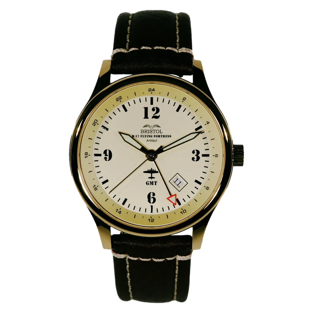 B-17 Tribute Men's Watch - Gold Finish, Beige Dial, Stainless Steel, Brown Leather Band with Stitching