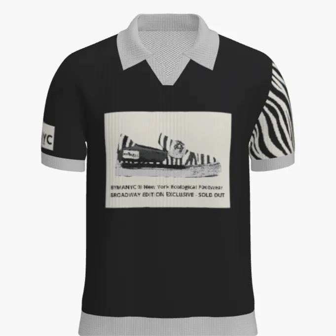Black and white polo shirt with a graphic design on a white background