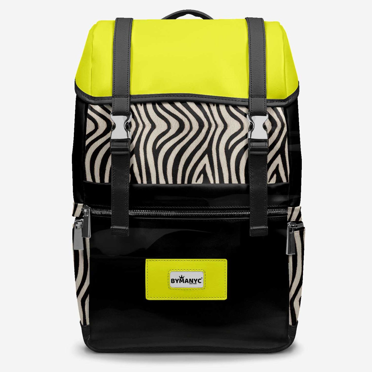 Backpack with zebra pattern and yellow accents on a white background