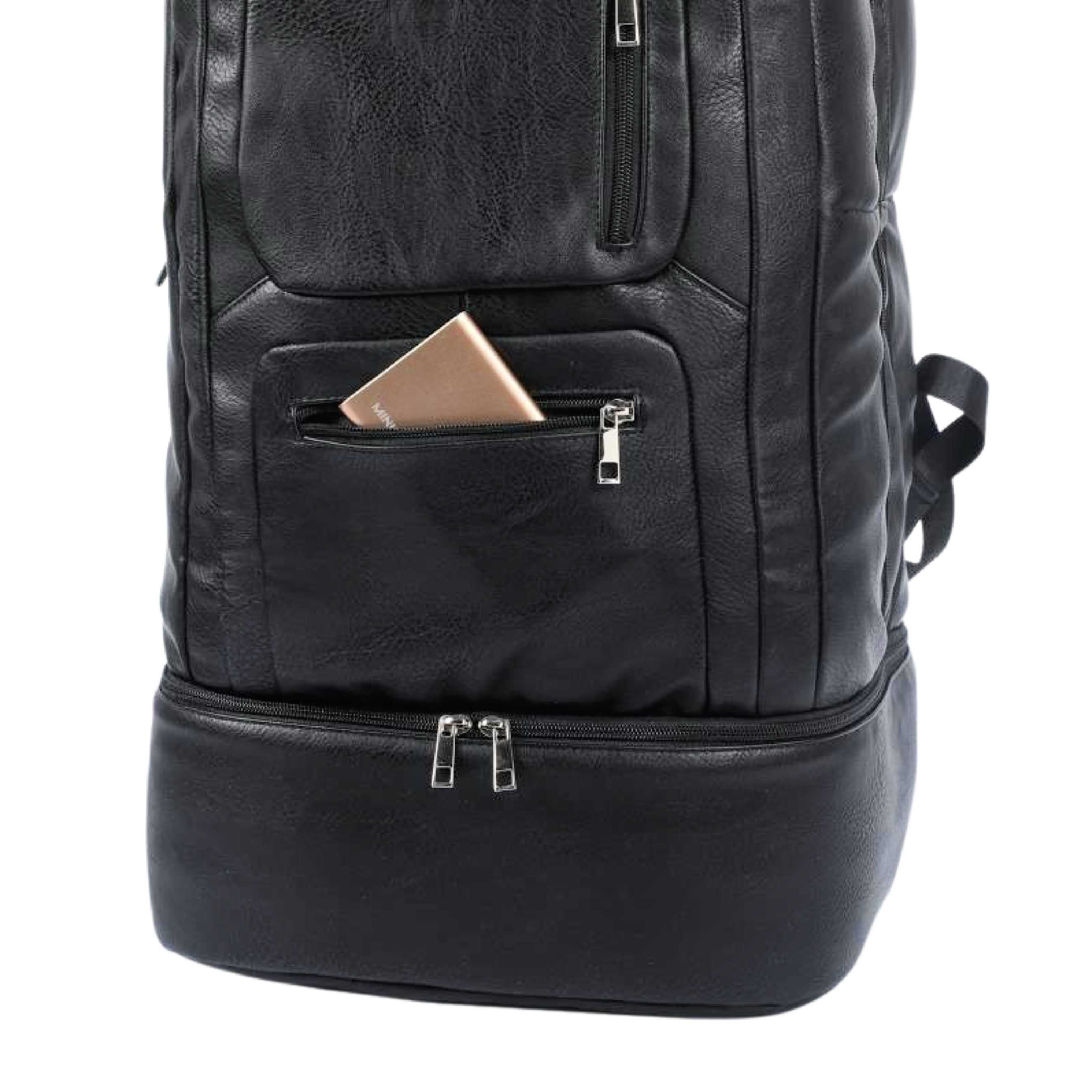 Black Leather Patented Carry On Backpack