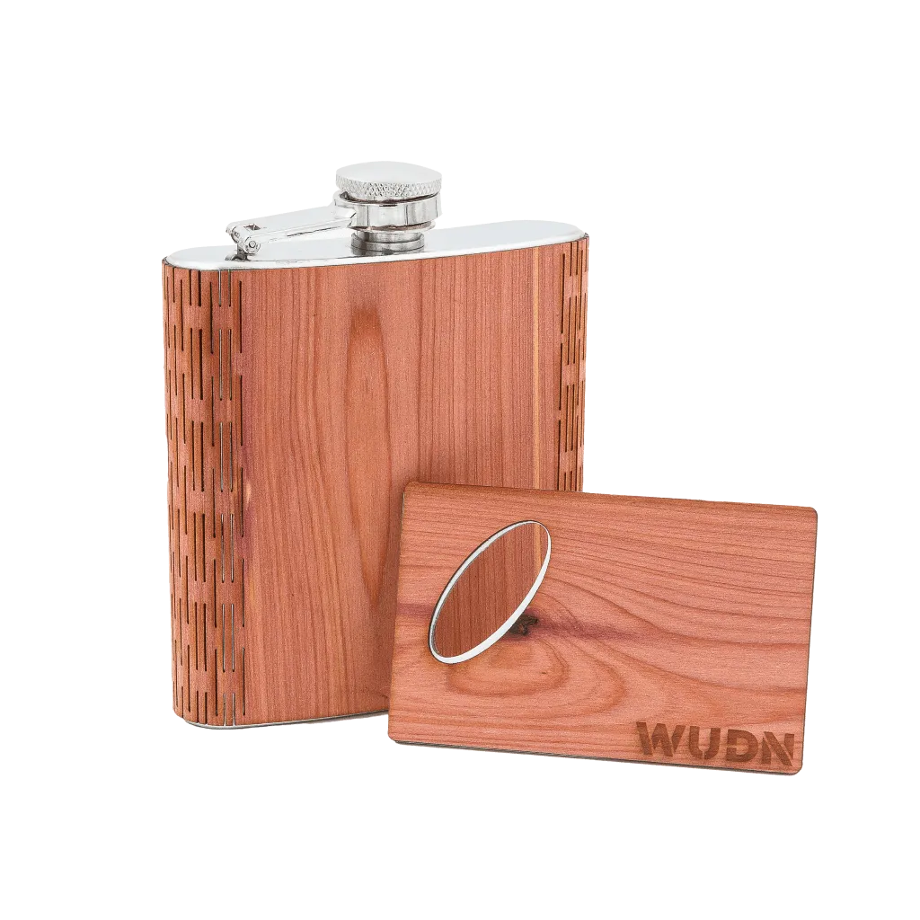 6 oz. Wooden Hip Flask & Matching Credit Card Bottle Opener (2-Piece Flask Set)