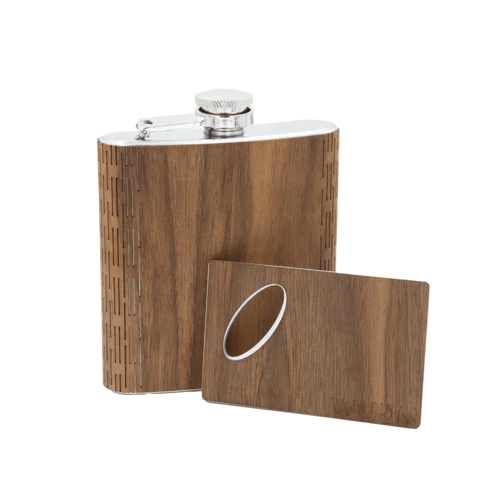 6 oz. Wooden Hip Flask & Matching Credit Card Bottle Opener (2-Piece Flask Set)