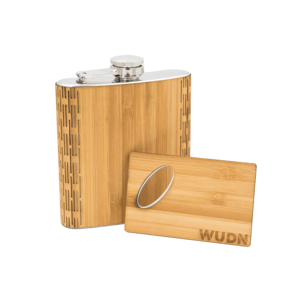 6 oz. Wooden Hip Flask & Matching Credit Card Bottle Opener (2-Piece Flask Set)