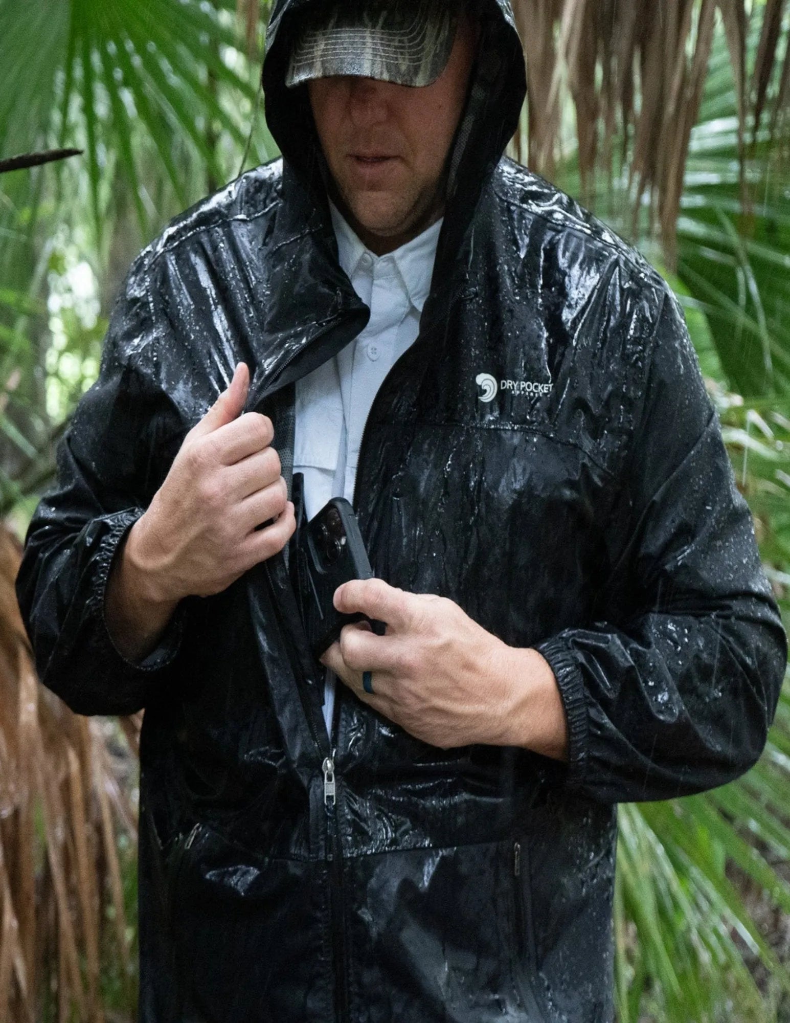Black Fin Waterproof Pocket Rain Jacket