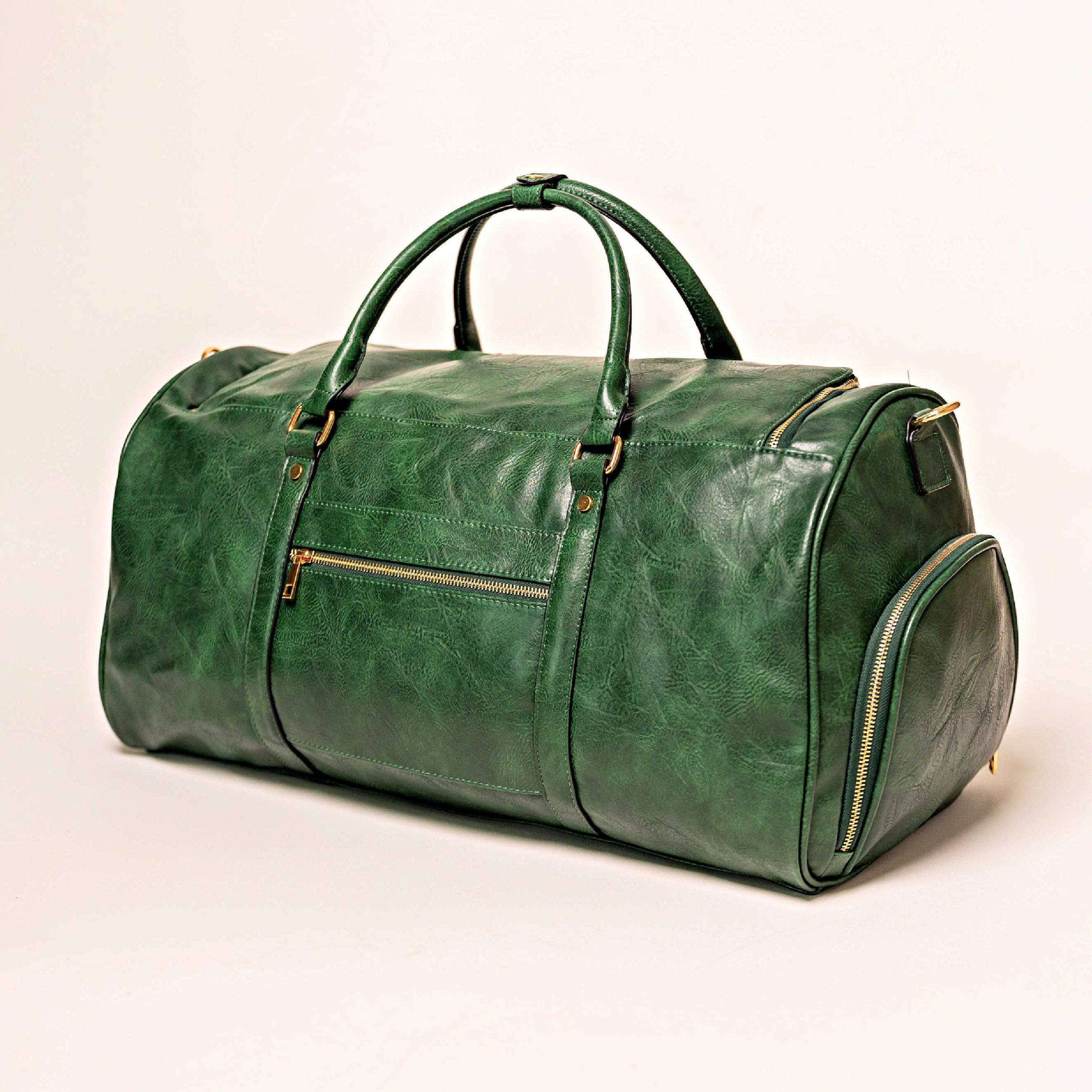 Emerald Green Leather Weekender Duffel Bag
