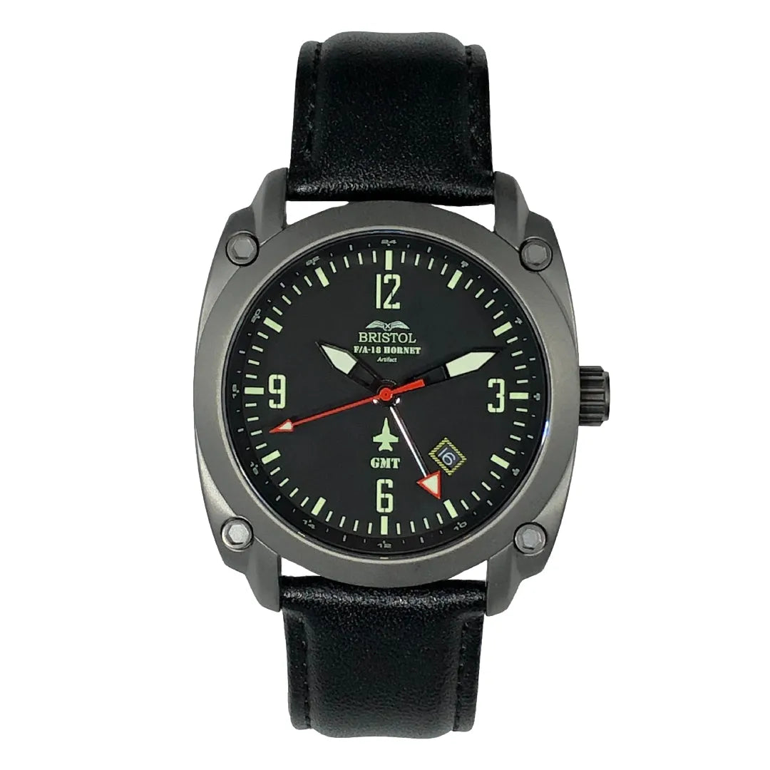 F-18 Hornet Tribute Men's Watch - Gun Metal Finish, Black Dial, Black Leather Band