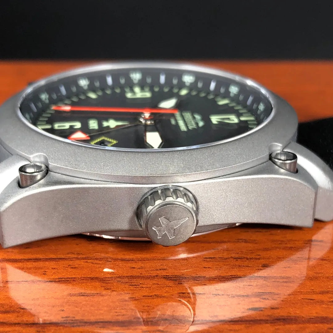 F-18 Hornet Tribute Men's Watch - Gun Metal Finish, Black Dial, Black Leather Band