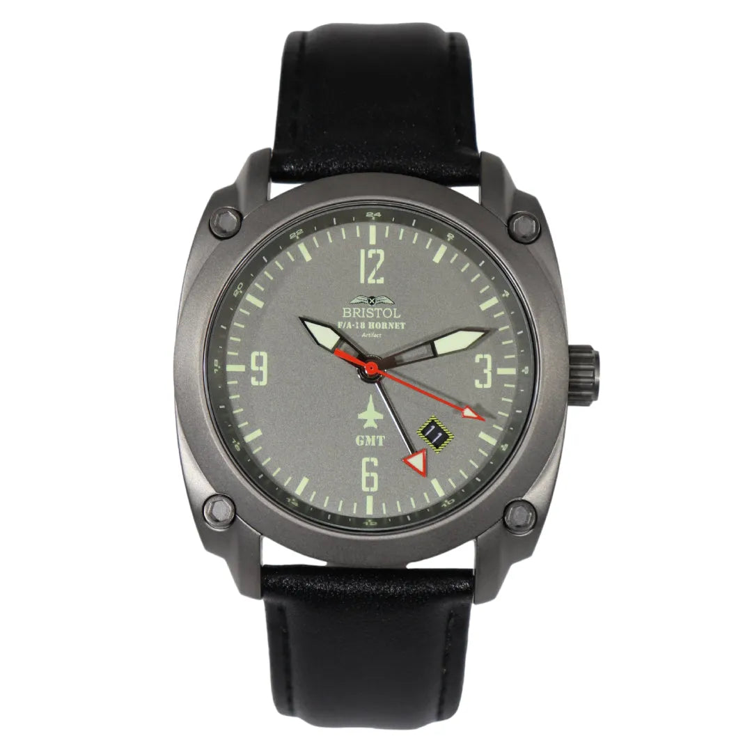 F-18 Hornet Tribute Men's Watch - Gun Metal Finish, Gray Dial, Black Leather Band