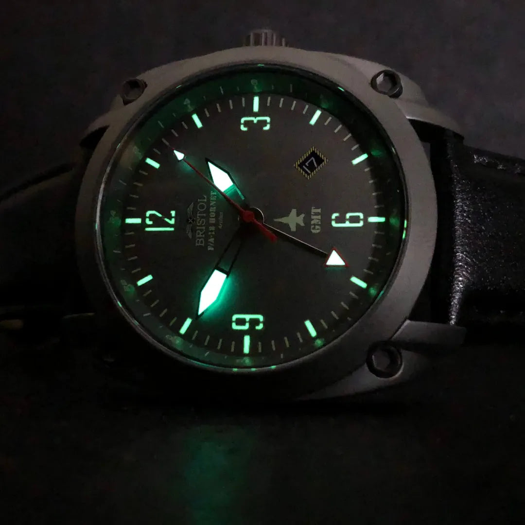 F-18 Hornet Tribute Men's Watch - Gun Metal Finish, Gray Dial, Black Leather Band