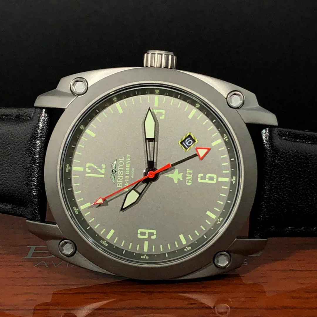 F-18 Hornet Tribute Men's Watch - Gun Metal Finish, Gray Dial, Black Leather Band