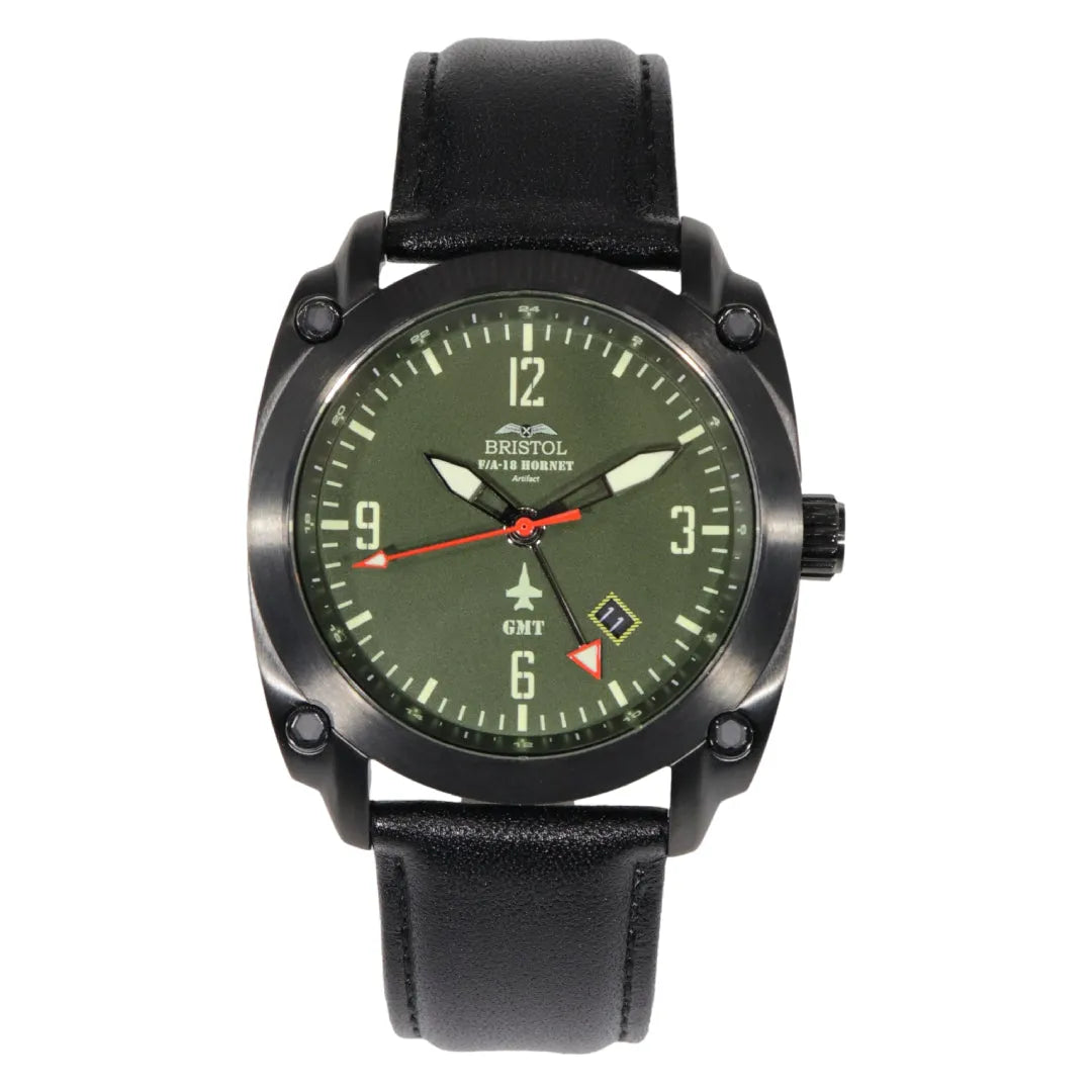 F-18 Hornet Tribute Men's Watch- Black Finish, Dark Green Dial, Black Leather Band