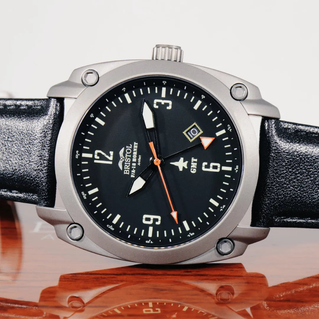 F-18 Hornet Tribute Men's Watch - Gun Metal Finish, Black Dial, Black Leather Band