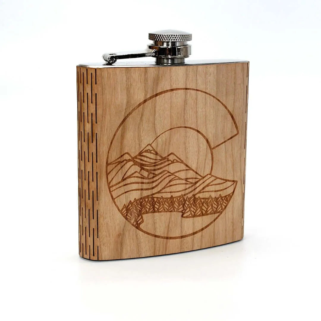 Colorado Landscape 6 oz. Wooden Hip Flask (Outdoor Adventure Series - Art by Ben McKenzie)
