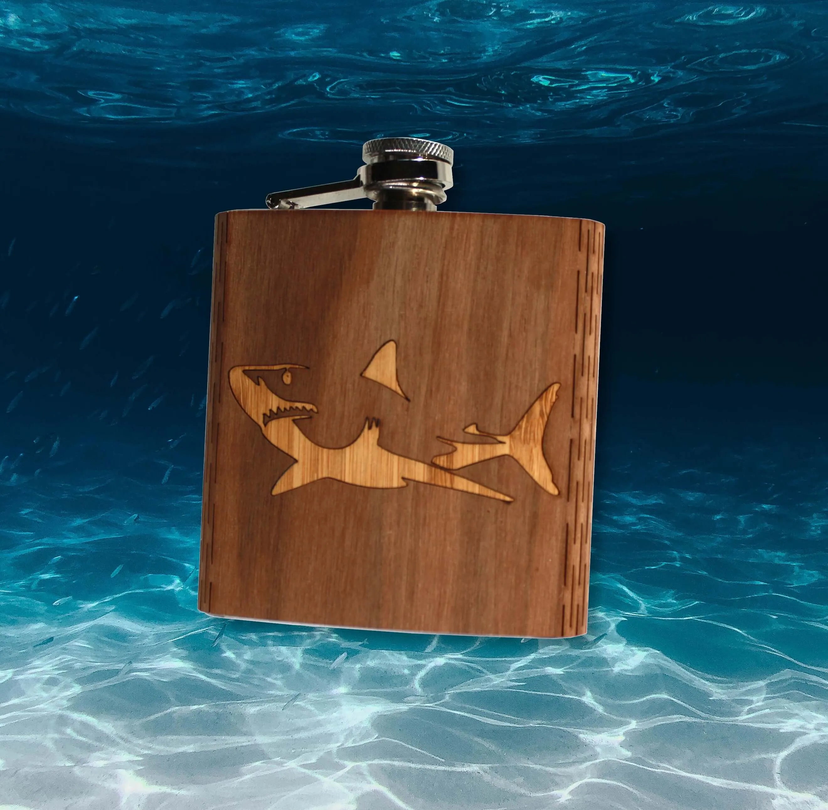 6 oz. Wooden Hip Flask - Great White Shark