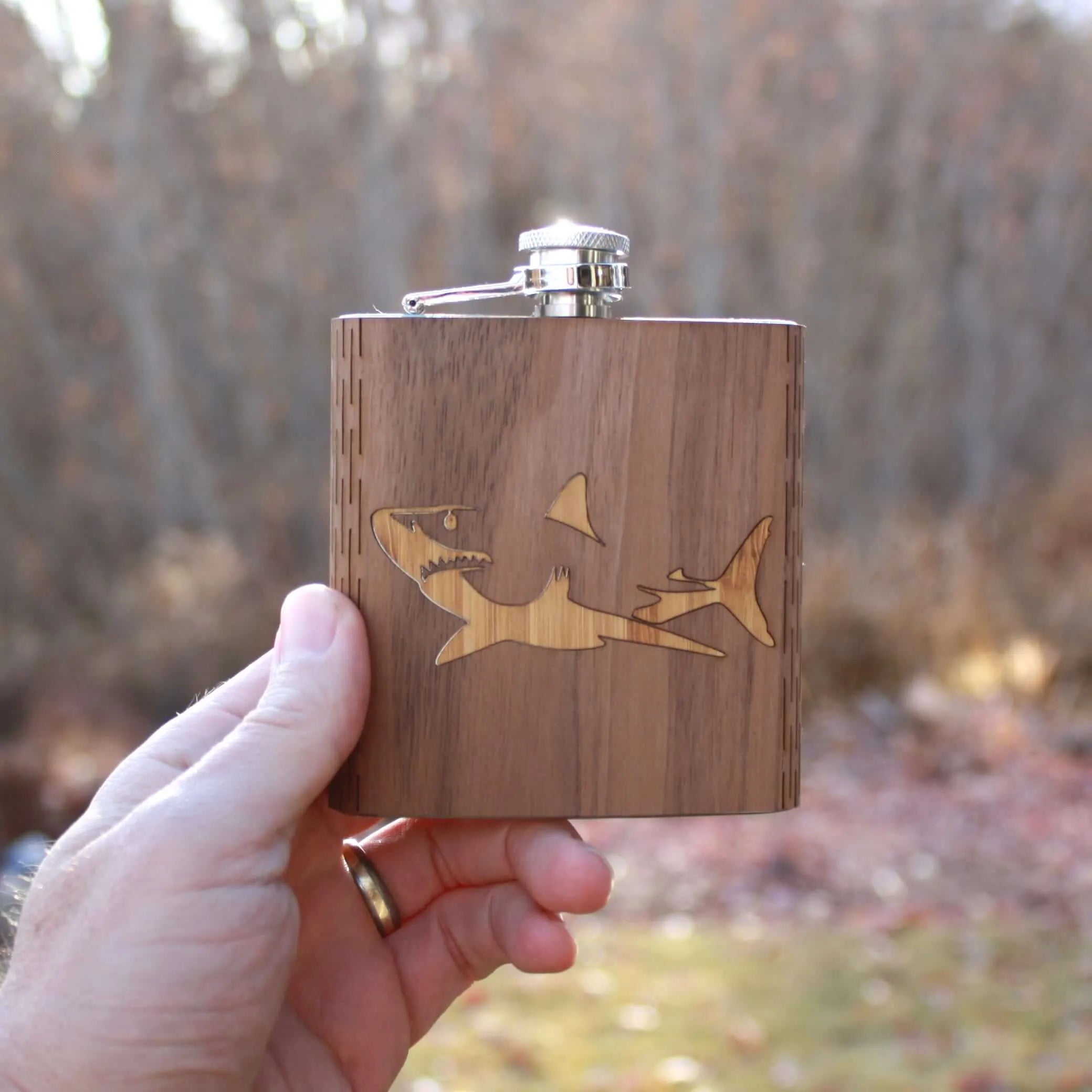 6 oz. Wooden Hip Flask - Great White Shark