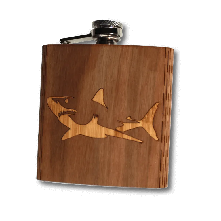 6 oz. Wooden Hip Flask - Great White Shark